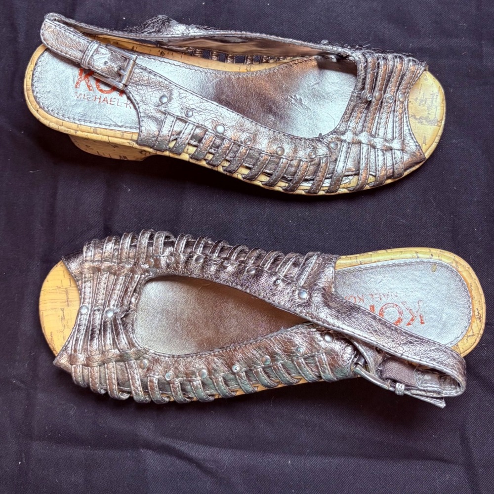 KORS Michael Kors Metallic Pewter Caged Leather Cork Wedge Sandals Womens‎ 5